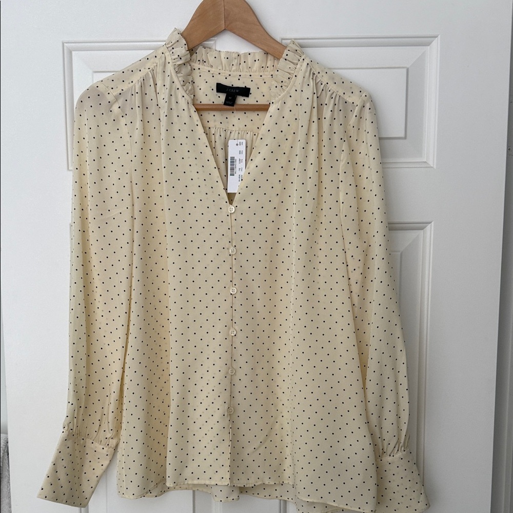 NWT 100% Silk J. Crew women’s polka dot blouse with ruffled neck